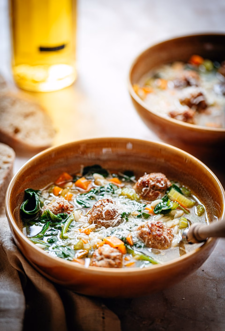 Steaming bowl of Italian wedding soup