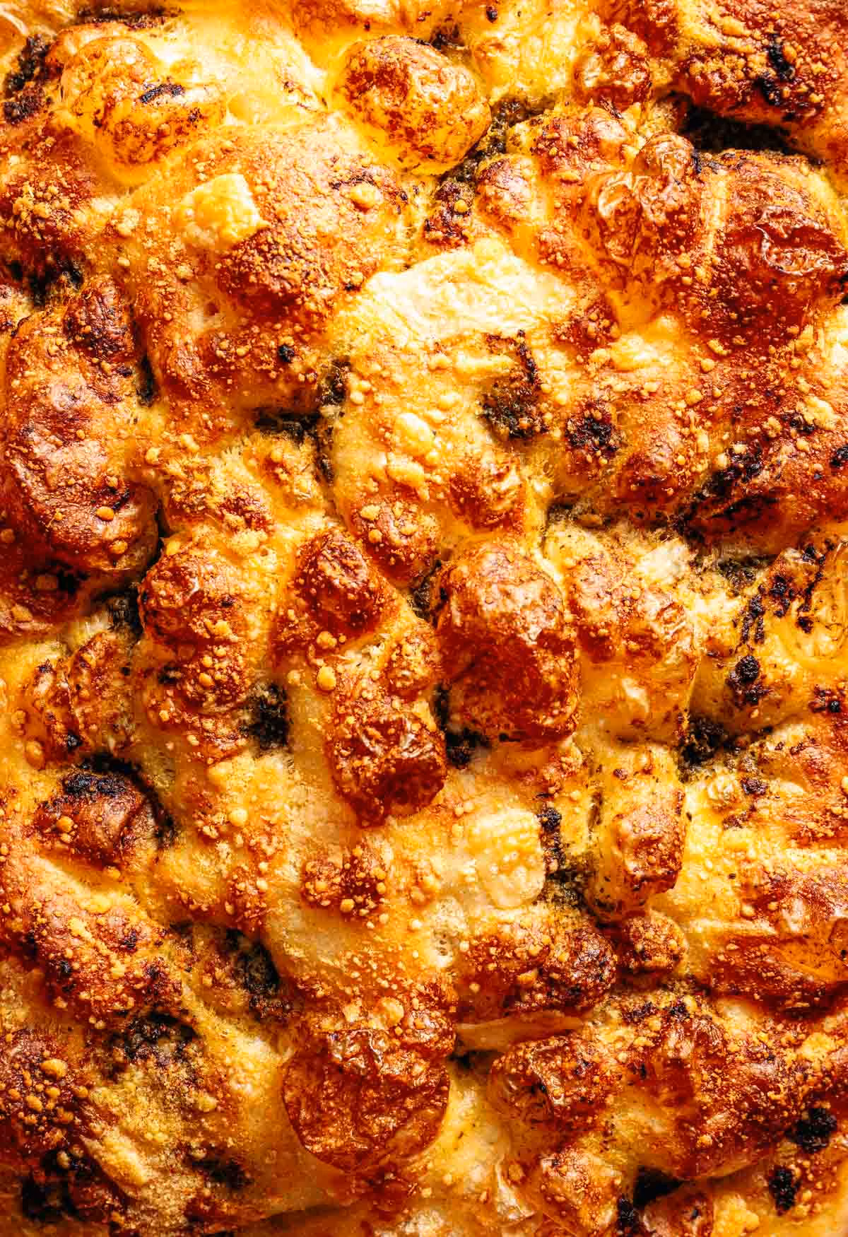Closeup pesto focaccia with cheese