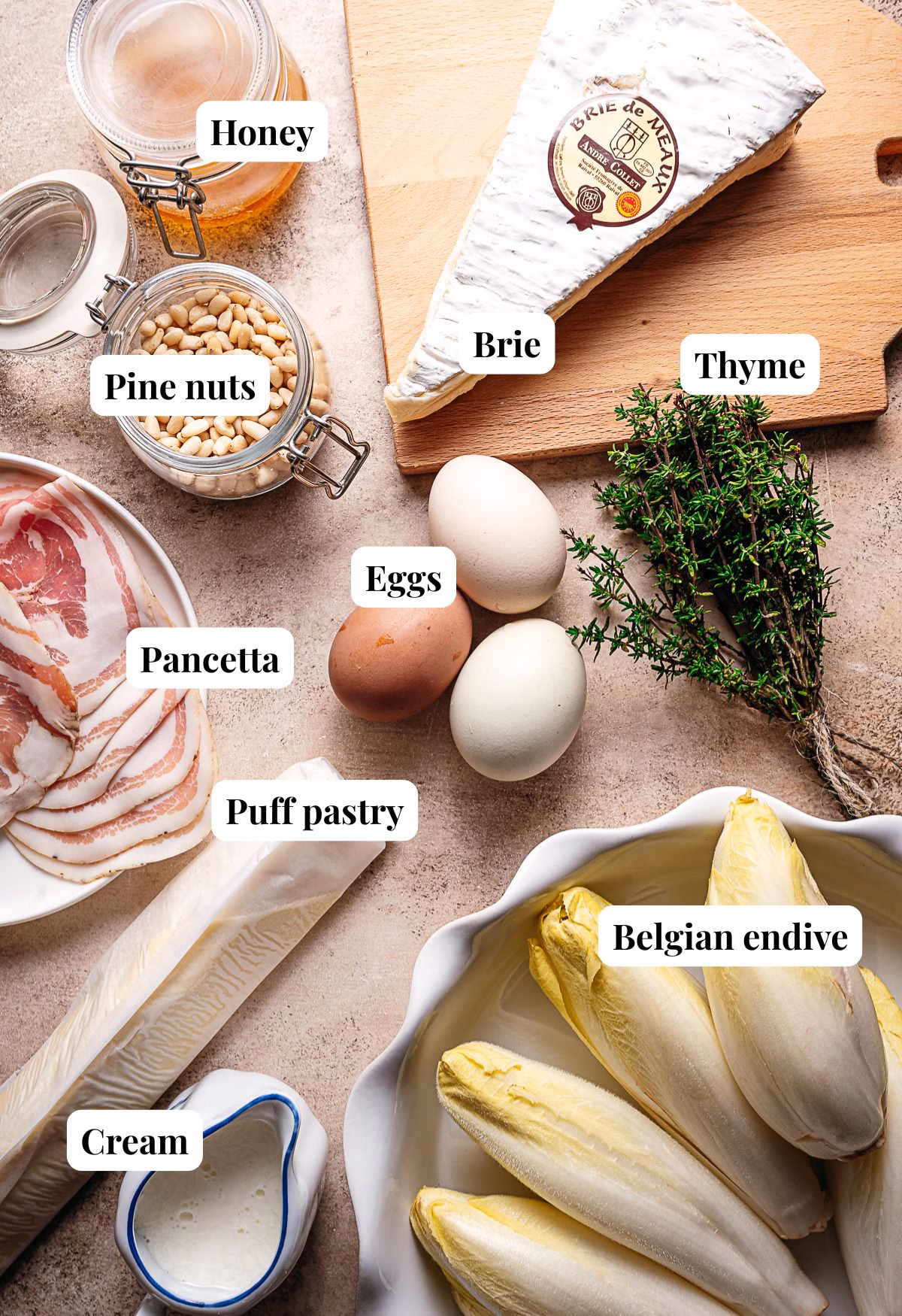 Ingredients for making belgian endive quiche