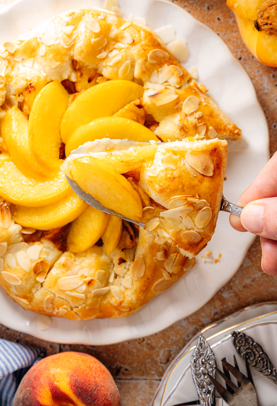 Slice of peach galette