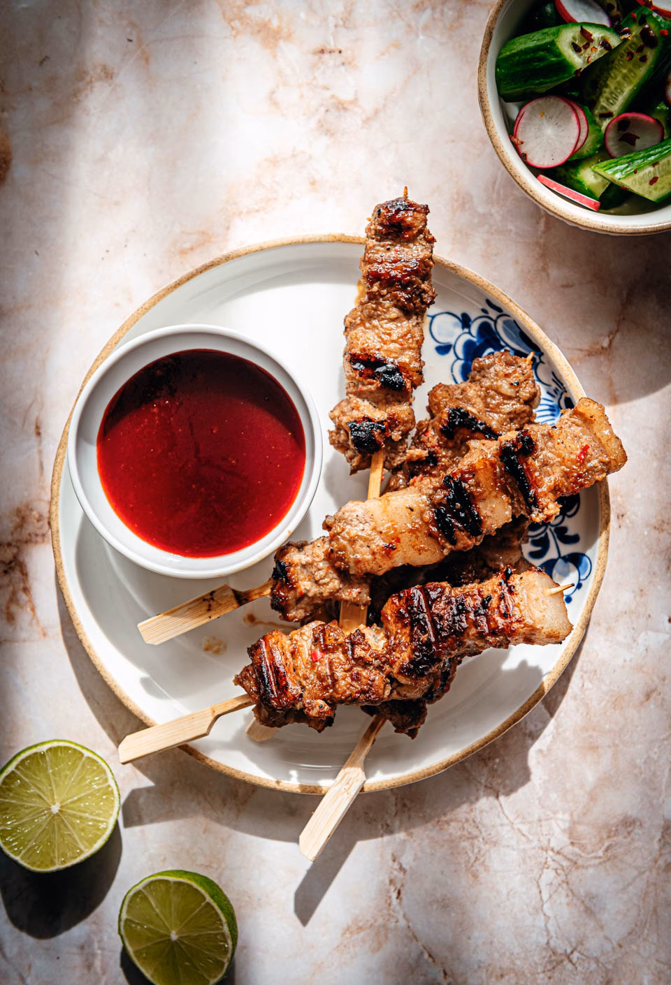 Grilled pork belly skewers